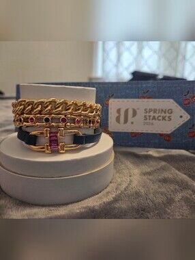Gold Chain & Navy Leather Bracelet Stack with Pink Stones
